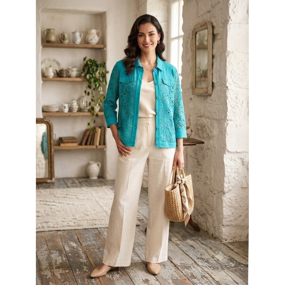 Drapers & Damons Turquoise Blue Lace Utility Jacket 1X Coastal Cottagecore Boho